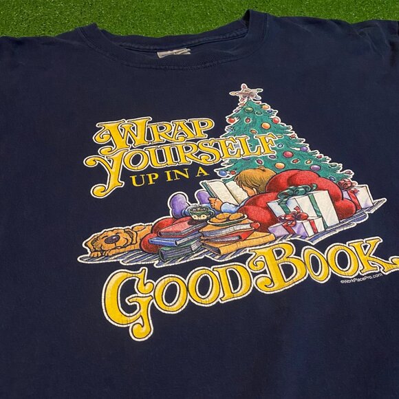 Vintage 90s Gildan Ultra Cotton Navy Long Sleeve Shirt "Wrap Yourself Up In A Go - Picture 2 of 4